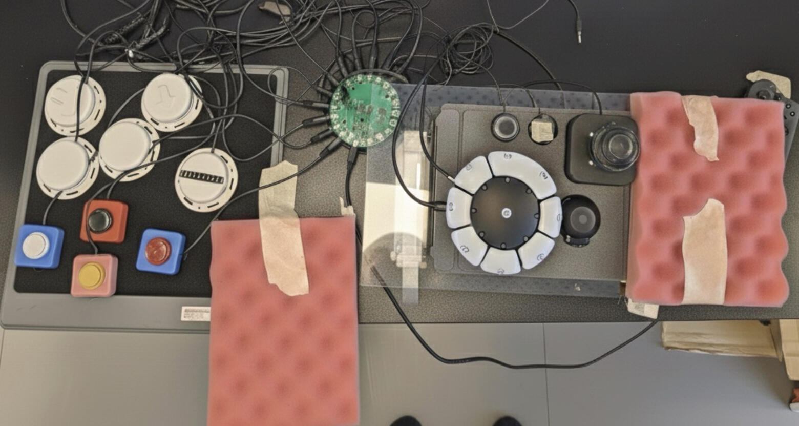 Sony Access Controller fitted with custom attachments. Hover to reveal the wiring schematic.